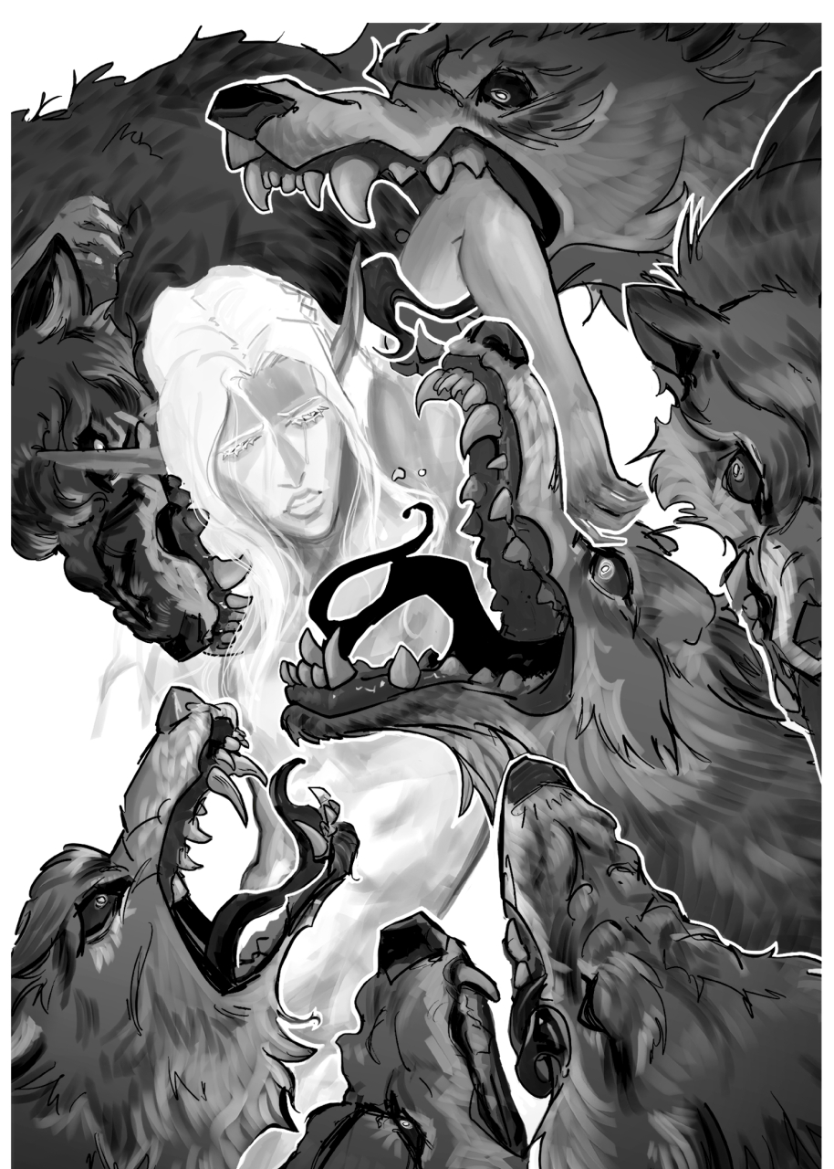 Kaelmorn, a drow surrounded by wolves that appear to be ready to consume him.  He seems sad and resigned but also embracing the wolves. As if needing them for life.
