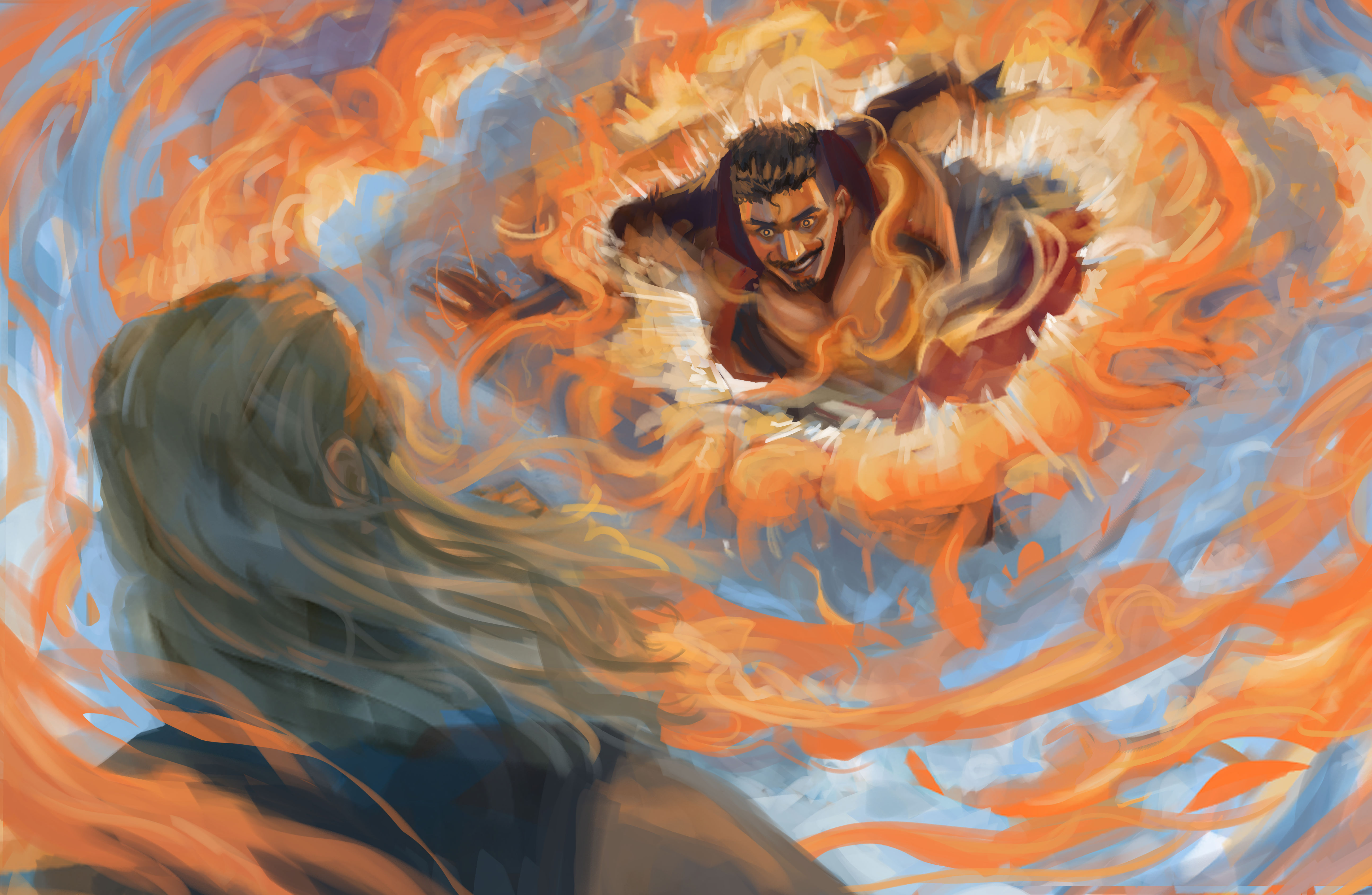 An explosive blast of fire magic swirls around the fire mage, Ollisander as he hurls towards his opponent.